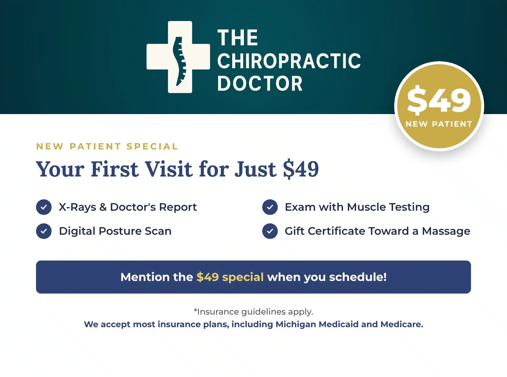$49 new patient special at The Chiropractic Doctor: x-rays and doctor report, exam with muscle testing, digital posture scan, and massage gift certificate